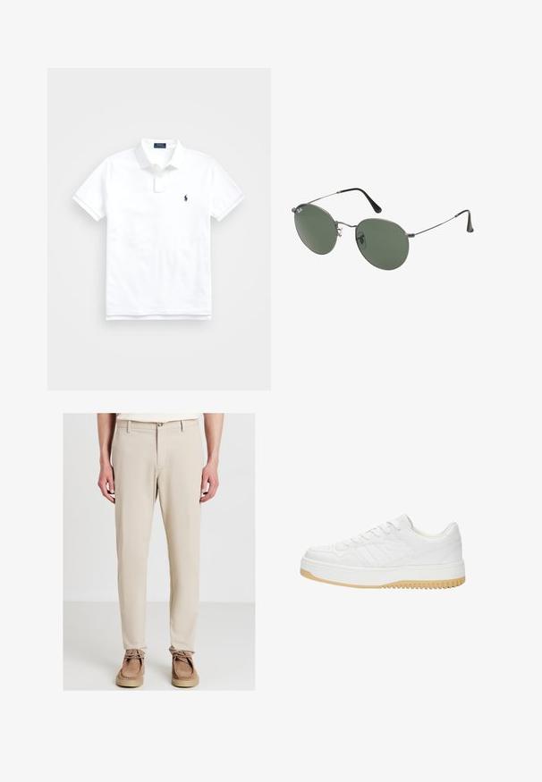 Weißes Polohemd aus Baumwolle, mit klassischem Kragen, kurzen Ärmeln und einem kleinen dunkelblauen Logo auf der linken Brust. Zweiknopf-Leiste.; Mann in beigen geraden Hosen und braunen Wildleder-Schnürschuhen, der mit entspannten Händen an den Seiten vor einem weißen Hintergrund steht.; Weiße Ledersneaker mit strukturiertem Finish, ausgestattet mit Gummisohle, Schnürdesign und dezenten Streifenakzenten an den Seiten.; Metallgestellte Sonnenbrille mit ovalen grünen Gläsern. Dünner silberner Metallrahmen und schwarze Ohrstücke. Minimalistisches Design, keine sichtbaren Logos.