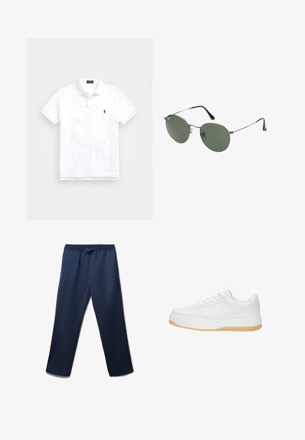 Weißes Polohemd aus Baumwolle, mit klassischem Kragen, kurzen Ärmeln und einem kleinen dunkelblauen Logo auf der linken Brust. Zweiknopf-Leiste.; Marineblaue, gerade geschnittene Hose mit elastischem Bund und Kordelzug, ohne sichtbare Taschen, glatte Stoffoberfläche.; Weiße Ledersneaker mit strukturiertem Finish, ausgestattet mit Gummisohle, Schnürdesign und dezenten Streifenakzenten an den Seiten.; Metallgestellte Sonnenbrille mit ovalen grünen Gläsern. Dünner silberner Metallrahmen und schwarze Ohrstücke. Minimalistisches Design, keine sichtbaren Logos.