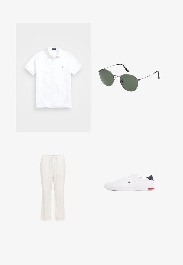Balts polo krekls, izgatavots no kokvilnas, ar klasisku apkakli, īsām piedurknēm un mazu tumši zilu logotipu kreisajā krūtī. Divu pogu aizdare.; Vieglas, baltas lina bikses ar elastīgu jostu un aukliņu. Tieša kāju dizains ar gludu tekstūru un bez izteiktām rakstu zīmēm.; Baltas zemu topu sporta apavus, kas izgatavoti no gludas ādas. Satura tumši zilu papēža daļu un sarkanu akcentu uz zoles. Seši caurumi šņorēm.; Metāla rāmji saulesbrillēm ar ovālām zaļām lēcām. Tievs sudraba metal rāmji un melni ausu spilventiņi. Minimalistiska dizaina, bez redzamām apzīmējumiem.