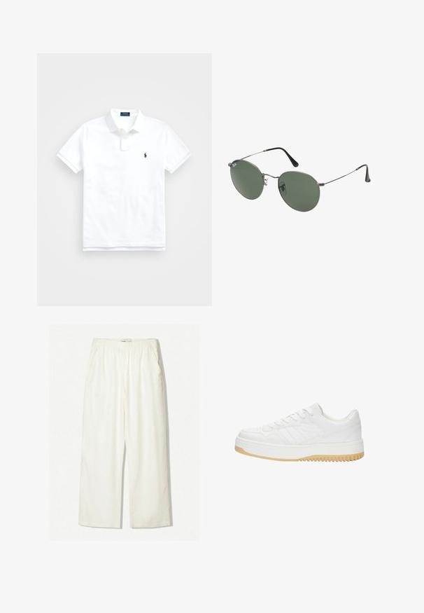 Weißes Polohemd aus Baumwolle, mit klassischem Kragen, kurzen Ärmeln und einem kleinen dunkelblauen Logo auf der linken Brust. Zweiknopf-Leiste.; Weiße weit geschnittene Hose aus einem leichten Stoff. Verfügt über einen elastischen Bund und Seitentaschen, mit einer glatten, leicht strukturierten Oberfläche.; Weiße Ledersneaker mit strukturiertem Finish, ausgestattet mit Gummisohle, Schnürdesign und dezenten Streifenakzenten an den Seiten.; Metallgestellte Sonnenbrille mit ovalen grünen Gläsern. Dünner silberner Metallrahmen und schwarze Ohrstücke. Minimalistisches Design, keine sichtbaren Logos.