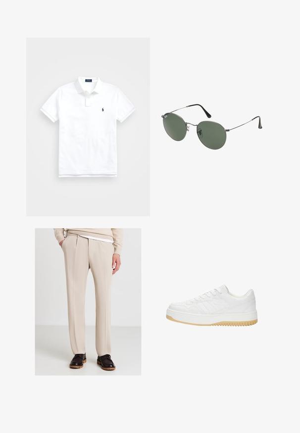 Polo bianco in cotone, con colletto classico, maniche corte e un piccolo logo navy sul lato sinistro del petto. Placca con due bottoni.; Calliope TINTA UNITA - Pantaloni - corda; Sneaker bianco in pelle con finitura testurizzata, dotata di suola in gomma, design con lacci e sottili accenti a strisce sui lati.; Occhiali da sole con montatura in metallo e lenti verdi ovali. Montatura sottile in metallo argento e terminali neri. Design minimalista, senza loghi visibili.