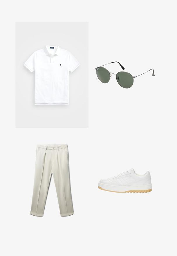 Polo shirt blanc en coton, avec un col classique, des manches courtes et un petit logo marine sur la poitrine gauche. Patte de boutonnage à deux boutons.; Pantalon plissé en tissu beige clair, avec deux poches devant et une fermeture à bouton unique, au pot d'une coupe droite et d'une texture lisse.; Baskets blanches en cuir avec une finition texturée, dotées d'une semelle en caoutchouc, d'un design à lacets et de accents de rayures subtils sur les côtés.; Lunettes de soleil en métal avec des verres ovales verts. Monture en métal argenté mince et embouts d'oreille noirs. Design minimaliste, sans logos visibles.