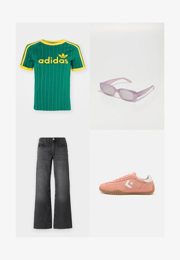 Grünes Baumwoll-T-Shirt mit vertikalen weißen Streifen, gelben Akzenten und gelbem "adidas"-Logo. Mit kurzen Ärmeln und Rundhalsausschnitt.; Weite Jeans aus dunkelgrauem Denim. Mit fünf Taschen, einem Knopfverschluss und dezentem Verblassen des Stoffes. Klassische Nähte betonen das Design.; Rosa Wildleder-Sneaker mit weißen Akzenten, Schnürdesign, einer strukturierten Gummisohle und einem Stern-Logo an der Seite. Flach und leicht.; Lila, rechteckige Sonnenbrillen mit durchsichtigem Rahmen, grauen Gläsern und dezentem Branding am Bügel; glatte Textur, minimale Hardware.