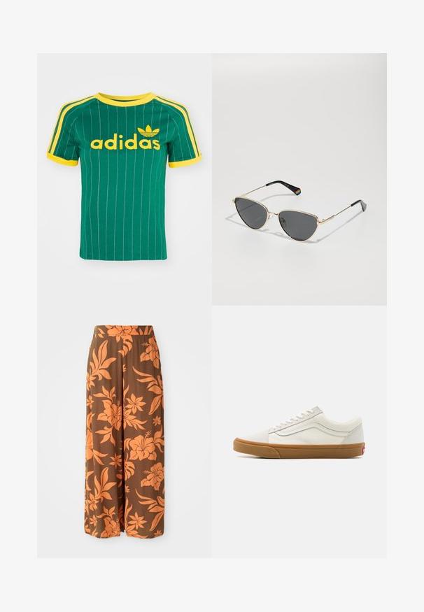Grønn bomull T-skjorte med vertikale hvite striper, gule detaljer, og "adidas" logo i gul skrift. Korte ermer og rund hals-design.; Brune vide bukser med et orange blomster mønster. Glat tekstur med høj talje og sidelommer. Casual og flydende design.; Hvite lerret sneakers med lav skaft, gummisåle, rund tå, snøring og sidestripe i lær.; Solf rammende solbriller i gullfarge med mørke linser, katteøyeform, og svarte tempelarmer med en regnbueakzent på den ene siden.