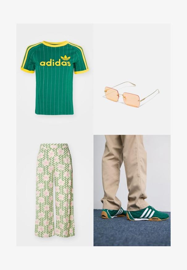 Zelené bavlněné tričko s vertikálními bílými pruhy, žlutými akcenty a logem "adidas" v žlutém písmu. Krátké rukávy a kulatý výstřih.; Kalhoty širokého střihu vyrobené z zelené látky s vlnitým vzorem a růžovými květinami. Pás je plochý, což zvýrazňuje volný design.; Zelené prošívané tenisky s bílými pruhy a hnědými gumovými podrážkami, doplněné béžovými kalhotami. Design se vyznačuje nízkým profilem a texturovaným materiálem.; Sluneční brýle s zlatým kovovým rámem a obdélníkovými čočkami s oranžovým nádechem. Charakteristické tenké nožičky a jemné texturované detaily poblíž pantů.