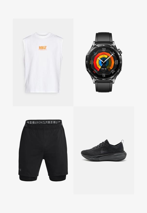 White sleeveless cotton shirt featuring an orange embroidered "NIKE" logo with the text "VICTORY BELONGS TO US" beneath it.; Black athletic shorts with a fitted inner layer, elastic waistband featuring the brand name, and smooth, lightweight fabric.; Black running shoe with a textured knit upper, flat laces, and a thick cushioned sole. Features a loop at the heel for easy wear.; Black smartwatch with a circular face, metallic frame, vibrant geometric display showing time and fitness data, rubber strap, and side buttons.