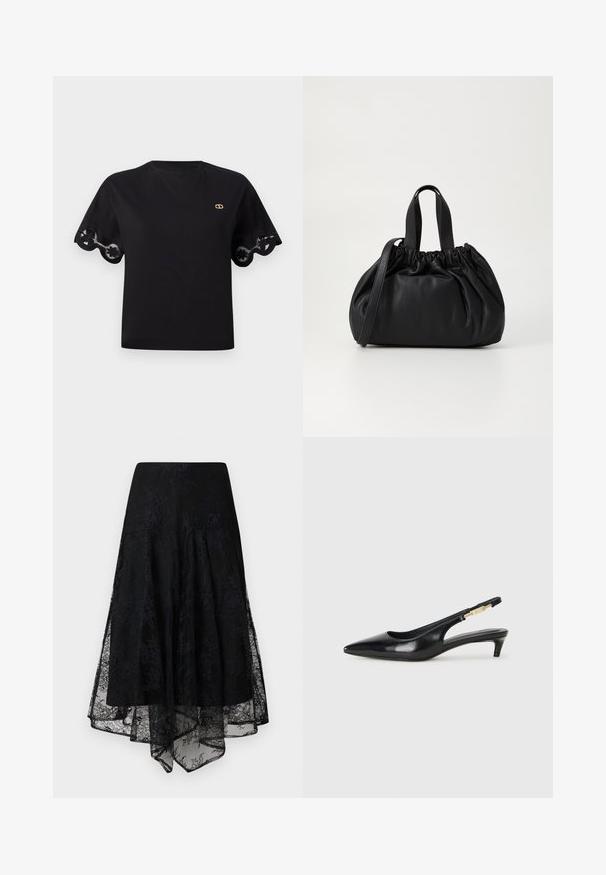 Must mustast t-särk lühikeste laienevate varrukatega, millel on sakiline pitsäär. Rinnal väike kullavärvi logo. Lihtne, klassikaline disain.; Must mustrakk, millel on voolav, ebatasane äär. Omab keerukaid lillemustreid ja sobiva vööd. Kerge ja läbipaistev tekstuur.; Mustad nahast slingback kontsad terava ninaga, millel on õhuke konts ja kuldse tooni aktsent reguleeritaval rihmal. Sile tekstuur.; Mustmust mustkott mustrihmaga ülaosa disainiga, millel on kaks lühikest käepidet ja pikk reguleeritav rihm. Sile tekstuur, ümar kuju.