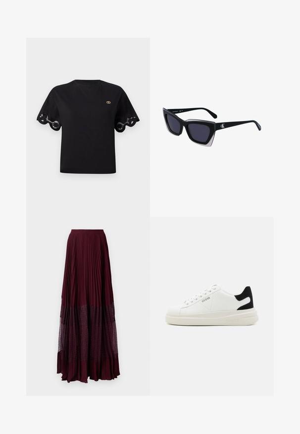 Črna bombažna majica s kratkimi razširjenimi rokavi, okrašena z valovitimi čipkastimi detajli. Majhen zlat logotip na prsih. Preprost, klasičen dizajn.; Burgundska plisirana maksi krila s prozirnim točkastim dnom. Tekstura tkanine je glatka, s elastičnom naramenicom za udobnost.; Bele usnjene športne copate z debelim belim podplatom, črnimi semišnimi detajli na peti in utisnjenim logotipom na strani. Zavezovanje s šestimi luknjicami.; Črne prevelike sončne očala geometrijske oblike, z temnimi lečami in kontrastno sivo podrobnostjo na okvirju. Logo na ročaju.