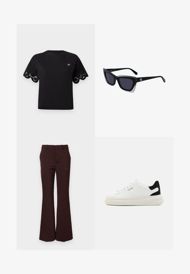 Juodas medvilninis marškinėlis su trumpomis švelniai išplatėjusiomis rankovėmis, papuoštomis banguotu nėriniu. Mažas auksinis logotipas ant krūtinės. Paprastas, klasikinis dizainas.; Rudos flared tipo kelnės, pagamintos iš lygaus audinio, su pritaikytu liemeniu, diržo kilputėmis ir švariu priekiniu dizainu, be kišenių.; Baltos odinės sportbačiai su storu baltu padu, juodu nubuko kulno akcentu ir iškilmingu logotipu šone. Su raišteliais, turinčiais šešis akinius.; Juodos didelės saulės akinių su geometrine forma, turinčiais tamsius objektyvus ir kontrastingą pilką detalę ant rėmelio. Logotipas ant šalon.