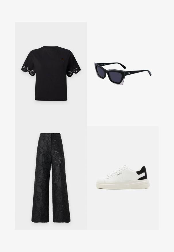 Čierne bavlnené tričko s krátkymi rozšírenými rukávmi, zdobené čipkovým lemom s vlnkovaným okrajom. Malé zlaté logo na hrudi. Jednoduchý, klasický dizajn.; Široké čierne nohavice vyrobené z textúrovaného materiálu s kvetinovým vzorom. Majú vysoký pás a hladký povrch.; Biele kožené tenisky s hrubou bielou podrážkou, čiernym zamekom na päte a vyrazeným logom na boku. Šnurovací dizajn so šiestimi očkami.; Čierne oversized slnečné okuliare s geometrickým tvarom, s tmavými šošovkami a kontrastným šedým detailom na ráme. Logo na mostíku.