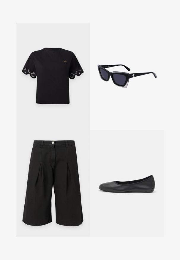 T-shirt en coton noir à manches courtes évasées avec une bordure en dentelle festonnée. Petit logo doré sur la poitrine. Design simple et classique.; Shorts noirs jusqu'au genou en tissu mélangé de coton. Présente des plis, une fermeture à bouton à l'avant et une conception de taille classique.; Ballerines en cuir noir avec un bout rond, texture lisse, détails de couture minimalistes et design de semelle flexible.; Lunettes de soleil noires surdimensionnées avec une forme géométrique, dotées de verres foncés et d'un détail gris contrastant sur la monture. Logo sur la branche.