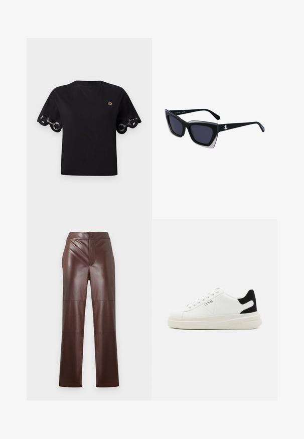 Schwarzes Baumwoll-T-shirt mit kurzen, ausgestellten Ärmeln und einem gewellten Spitzenbesatz. Kleines goldenes Logo auf der Brust. Einfaches, klassisches Design.; Braune Kunstlederhosen mit geradem Schnitt und eleganter Textur. Verfügt über einen Reißverschluss und einen Knopfverschluss vorne, ergänzt durch tonale Nähte.; Weiße Leder-Sneaker mit einer dicken weißen Sohle, schwarzem Wildlederakzent an der Ferse und geprägtem Logo an der Seite. Schnürdesign mit sechs Ösen.; Schwarze übergroße Sonnenbrille mit geometrischer Form, ausgestattet mit dunklen Gläsern und einem kontrastierenden grauen Detail im Rahmen. Logo am Bügel.
