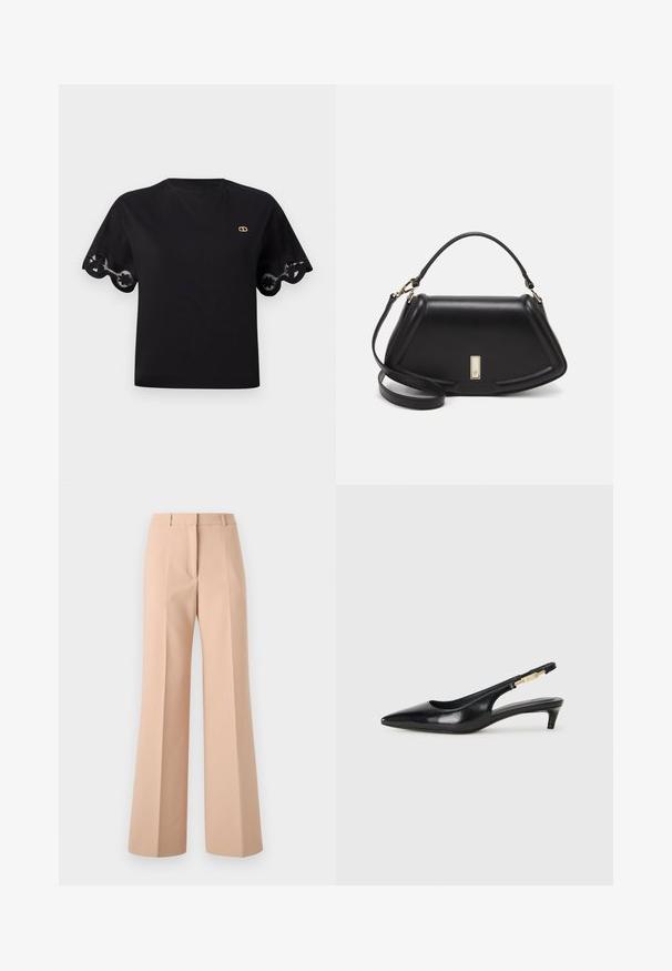 Zwarte katoenen t-shirt met korte, uitlopende mouwen en een scalloped kantafwerking. Klein gouden logo op de borst. Eenvoudig, klassiek ontwerp.; Beige, high-waisted broeken met een wijduitlopende snit. Gemaakt van gladde stof en voorzien van voorplooien en een strakke tailleband.; Zwarte leren slingback hakken met een spitse neus, voorzien van een slanke hak en een goudkleurige accent op de verstelbare band. Gladde textuur.; Zwarte leren handtas met een gestructureerd ontwerp, featuring een verkorte vorm, bovenhandvat en gouden hardwareaccent. Inclusief verstelbare schouderband.