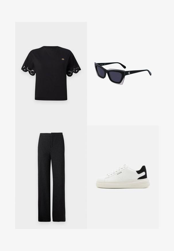 Crna pamučna majica s kratkim lepršavim rukavima s čipkastim rubom na vrhu. Mali zlatni logo na prsima. Jednostavan, klasičan dizajn.; Crne hlače s prugicama ravnog kroja, s glatkom teksturom i pojasom, pogodne za svečane ili poslovne prilike.; Bijele kožne tenisice s debelim bijelim potplatom, crnim zamšastim akcentom na peti i ugraviranim logom sa strane. Dizajn s vezicama i šest rupa za vezivanje.; Crne oversize sunčane naočale geometrijskog oblika, s tamnim staklima i kontrastnom sivom dekoracijom na okviru. Logo na dršci.