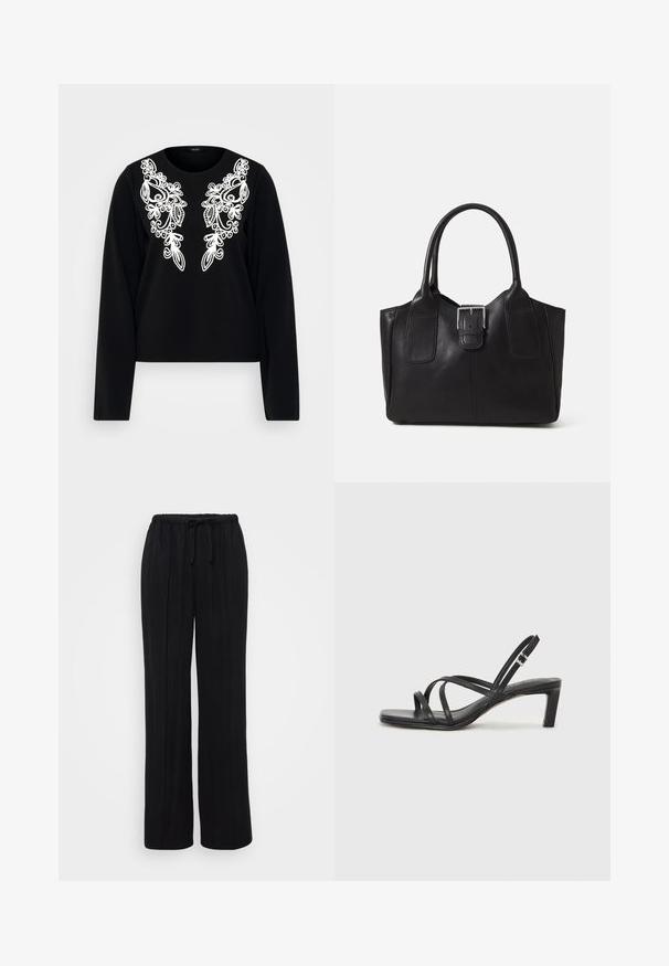 Top negru cu mâneci lungi, având broderie albă intricate pe față, cu guler rotund și o siluetă ajustată. Textură de țesătură moale.; Pantaloni negri, cu picioare largi, dintr-un material moale, cu talie elastică și cordon. Prezintă pliuri verticale pentru o croială relaxată.; Sandal cu barete negre, cu vârf pătrat și toc mic de bloc. Prezintă mai multe barete subțiri și o bareta ajustabilă la gleznă. Fabricat din piele netedă.; Geantă tote din piele neagră cu textură netedă, formă structurată, două mânere și un detaliu proeminent din aliaj de argint pe partea din față.