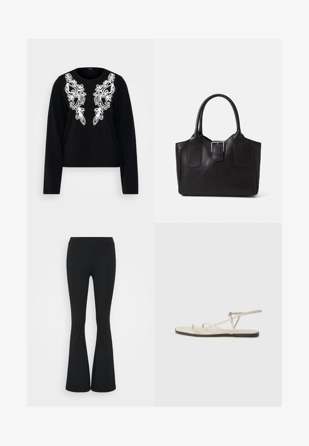 T-shirt noir à manches longues avec une broderie blanche complexe sur le devant, col rond et silhouette ajustée. Texture de tissu douce.; Pantalon évasé noir en tissu extensible, présentant une taille haute et une texture lisse. Le pantalon s'élargit à partir du genou.; Sandale plate beige avec plusieurs fines lanières et une boucle réglable. La semelle est plate avec un léger contraste sombre sur le bord.; Sac fourre-tout en cuir noir avec une texture lisse, une forme structurée, deux poignées et un détail en boucle argentée proéminent à l'avant.