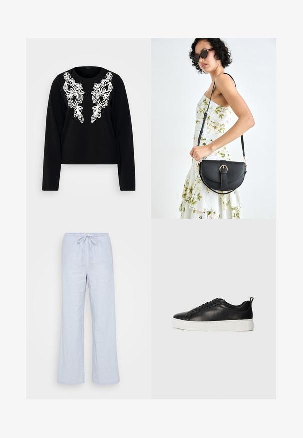 Svart langermet topp med hvit intrikat broderi foran, rund halslinning og en tettsittende silhuett. myk tekstur.; Lyseblå linbukser med avslappet passform, snor i livet og vide ben. Glatt tekstur, ideell for hverdagsbruk.; Svart lavt skinnsneaker med svarte lisser og tykk hvit gummisåle, sett fra utsiden på en hvit bakgrunn.; Svart lærveske med en buet form, avtagbar stropp og gullbeslag. Vesken har et klaff med spenne-detall.