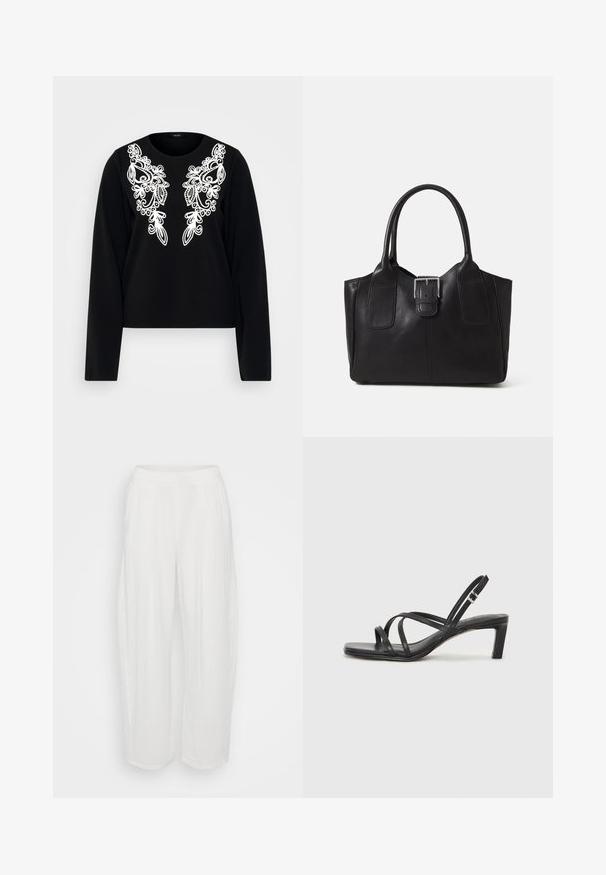 Must musthärga pika varrukaga topp, millel on esiosas valge keerukas tikand, ümar kaelus ja figuuri järgiv siluett. Pehme kangast tekstuur.; Valged, lahtised püksid, millel on lõtvu siluett ja mis on valmistatud tekstuuriga kangast. Omab elastset vööd ja sirget sääre disaini.; Mustast rihmajalatsid ruudukujulise varba ja madala ploki kontsaga. Omab mitmeid õhukesi rihmasid ja reguleeritavat pahkluu rihma. Valmistatud siledast nahast.; Mustgamma nahast kott, millel on sile tekstuur, struktureeritud kuju, kaks käepidet ja esiküljel silmapaistev hõbedane pandla detail.