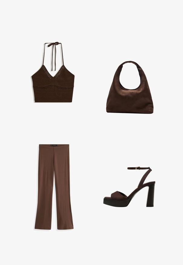 Brauner gestrickter Crop-Top mit V-Ausschnitt, verstellbaren Krawattenriemen und offenen Details. Besitzt eine gerippte Struktur und ein horizontales Streifenmuster.; Braune, dehnbare Schlaghosen mit glatter Textur und elastischem Bund. Keine sichtbaren Muster oder Beschläge. Einfaches, bodenlanges Design.; Braune Wildleder-Pumps mit offenem Zeh, verstellbarem Knöchelriemen und gestreiftem Plateausohlen.; Weiche braune Hobo-Stil Handtasche mit einem einzigen breiten Trageriemen und einer geschwungenen Oberteilöffnung, auf einem weißen Hintergrund präsentiert.