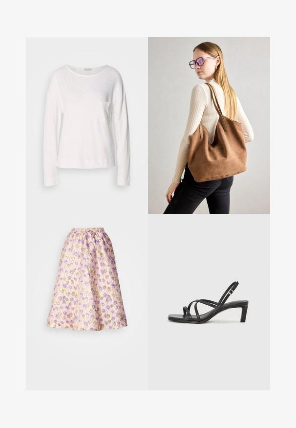 Bela majica s dolgimi rokavi, narejena iz lahkotnega, teksturiranega materiala, z okroglim izrezom in majhnim žepom na prsih. Rob se nahaja na višini bokov.; Pastelno roza krilo s cvetličnim vzorcem v vijolični in zlatih odtenkih, z elastičnim pasom in razširjeno A-linijsko silhueto.; Črne natikače s trakovi in kvadratnim prstom ter nizkim blokastim peto. Imajo več tankih trakov in nastavljiv trak okoli gležnja. Narejene so iz gladkega usnja.; Rjava semišna torba z mehko teksturo, velikim odprtjem in dolgimi ročaji. Ima preprost dizajn z vidnim šivanjem in brez okovja.