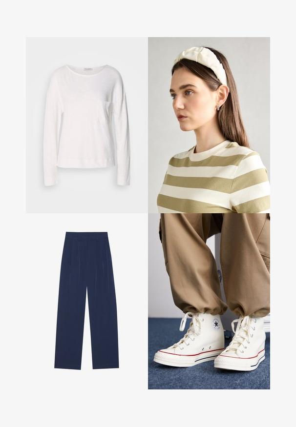 Garinā piedurkne balta blūze, izgatavota no viegla, teksturēta auduma ar apaļu kakla izgriezumu un mazu krūšu kabatiņu. Apmale atrodas gurnu līmenī.; Tumši zili platleņķa bikses, kas izgatavotas no mīksta auduma, ar priekšējo krokām, gludu tekstūru un taisnu piegriezumu bez redzamām kabatām.; Balti augstie sneakers no kanvas ar gumijas zoli, ar melnu zvaigžņu logo un sarkaniem un tumši ziliem akcentiem.; Krēma krāsas pildīta galvassega ar uztinuma dizainu, apvienota ar bēša un baltā svītrainā krekla ar apaļu izgriezumu. Smalkas rotaslietas akcenti.
