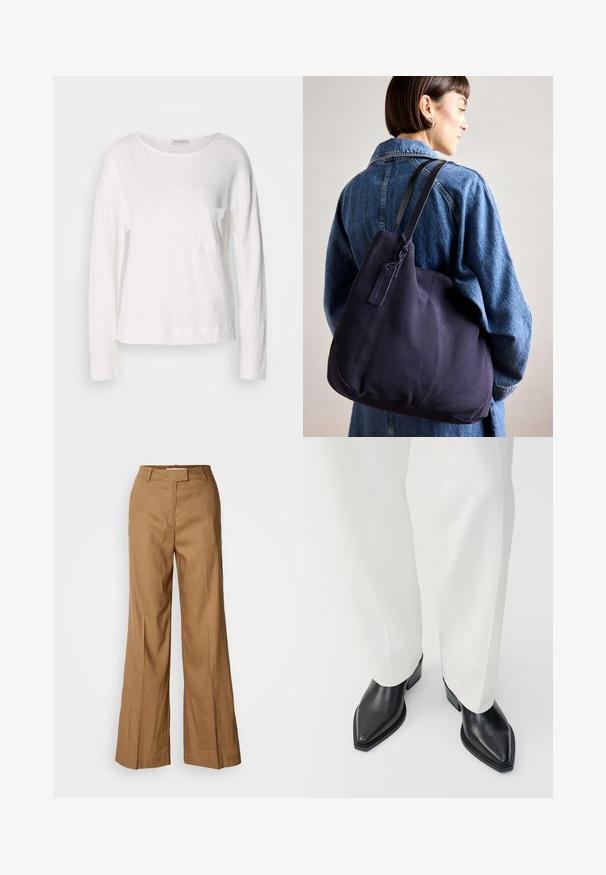 Langermet hvit topp laget av lett, teksturert stoff med rund hals og en liten brystlomme. Sømmen sitter på hoftenivå.; Brune vide benbukser laget av lett materiale. Har flat front, beltehemper og en skreddersydd silhuett med ankel-lengde.; Sorte spisse ankelstøvletter med en glat læderfinish, lave blokhæle, parret med hvide brede bukser. Enkel og moderne design.; Marine lerrets skulderveske med en myk, strukturert form, som har en svart stropp, sydd detaljer og en liten merkeflagg.