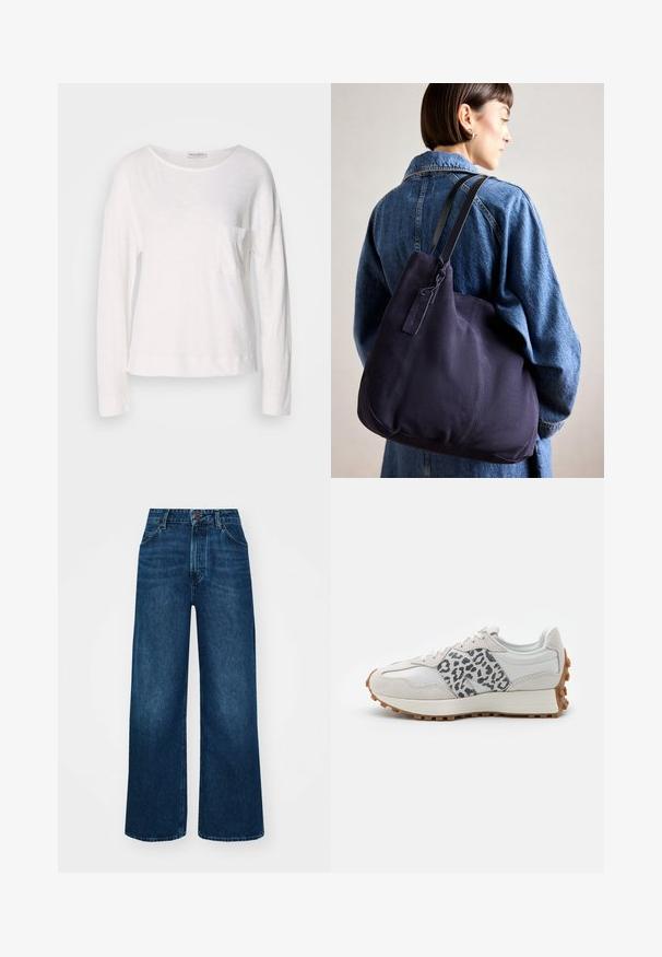 Kerge tekstuuriga valgest kangast pikkade varrukatega topp, millel on ümmargune kaelus ja väike rinnatasku. Aserv asub puusataseme kõrgusel.; Kõrge vöökohaga laiad teksad tummises sinises denimis, millel on sile tekstuur, kontrastne õmblus ja viie-tasku disain. Esimene nupulukk.; Valged tenisjalanaised hallide leopardimustriga aktsentidega, sametist ja nahast materjalid, tekstureeritud sole kummist välistallaga, ümarad varbad ja nööridega disain.; Tumesinise kangast õlalauk, millel on pehme, struktureeritud kuju, must rihm, tikandiga detailid ja väike brändi silt.