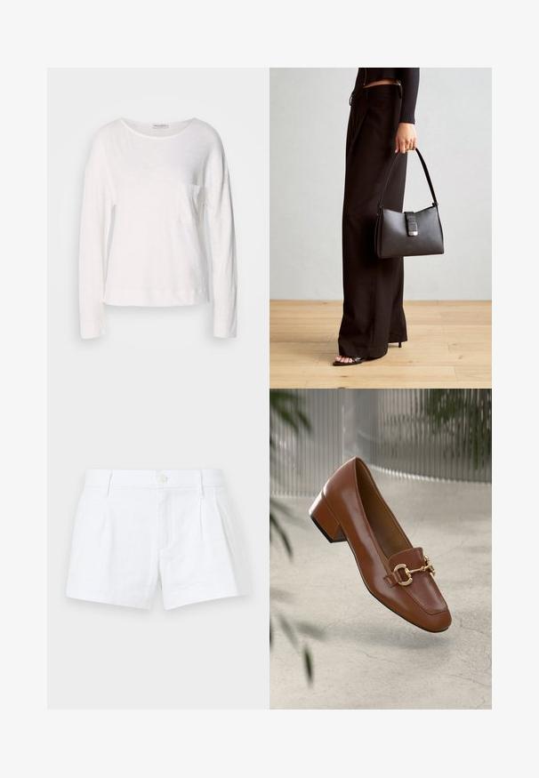 Λευκή μπλούζα με μακρύ μανίκι, φτιαγμένη από ελαφρύ, υφασμάτινο υλικό με στρογγυλή λαιμόκοψη και μικρή τσέπη στη θήκη. Το στρίφωμα είναι στο ύψος των γοφών.; Λευκές λινές βερμούδες με πιέτες, κλείσιμο με κουμπί και πλαϊνές τσέπες. Διαθέτει κομψή γραμμή και λεία υφή.; Καφέ πατέντο δερμάτινα loafers με τετράγωνη μύτη, μεταλλική αλυσίδα ως διακόσμηση και χαμηλό μπλοκ τακούνι; λεία υφή, μινιμαλιστικός σχεδιασμός.; Μαύρη τσάντα χειρός με δομημένο σχήμα, λεία υφή και μεταλλικό κούμπωμα. Συνδυασμένη με φαρδιά μαύρα παντελόνια και σανδάλια ανοιχτής μύτης πάνω σε ξύλινο πάτωμα.