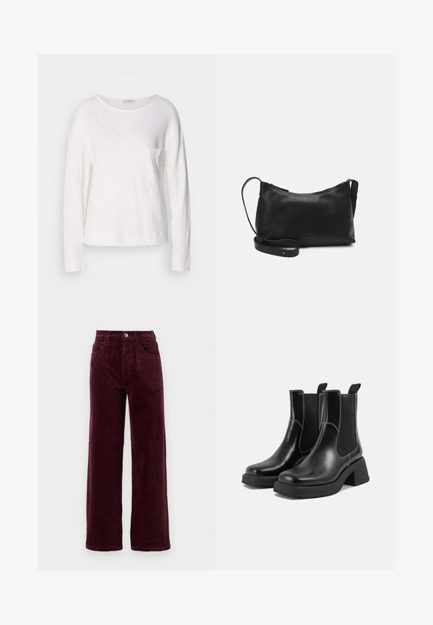 Langärmliges weißes Oberteil aus leichtem, strukturiertem Stoff mit Rundhalsausschnitt und kleiner Brusttasche. Der Saum endet auf Hüfthöhe.; Burgunderfarbene Corduroy-Hosen mit geradem Bein und hoher Taille, fünf Taschen und einem vorderen Metallknopfverschluss. Strukturierter Stoff mit vertikaler Rippung.; Schwarze Leder Chelsea-Stiefel mit einem klobigen Absatz, elastischen seitlichen Einsätzen und kontrastierendem weißen Nähten. Strukturierte Oberfläche.; Schwarze Ledertasche für die Schulter mit glatter Textur, geschwungener Form, verstellbarem Tragegurt und Reißverschluss. Minimalistisches Design ohne Verzierungen.