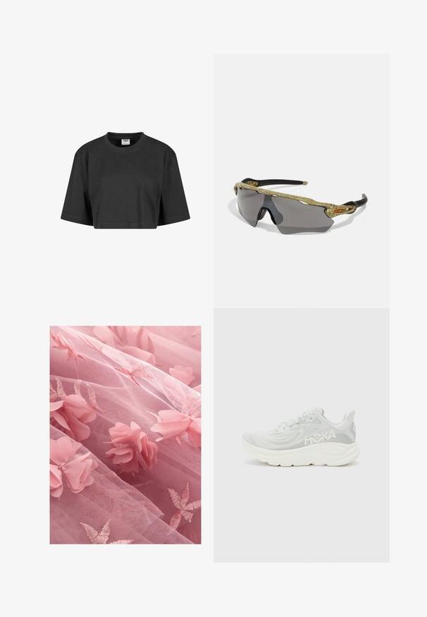 T-shirt nera tagliata, realizzata in cotone, con una vestibilità rilassata, maniche corte e colletto a girocollo a coste. Nessun motivo o dettaglio visibile.; Tessuto di tulle rosa con applicazioni floreali e motivi di foglie ricamati, con una texture morbida e trasparente e un aspetto a strati.; Scarpa da corsa leggera in mesh bianco e grigio chiaro, con suola spessa e imbottita e logo laterale. Design minimalista con tessuto testurizzato.; Occhiali da sole sportivi con montatura a motivo verde, aste nere e lenti grigie. Il design presenta uno stile avvolgente con una forma audace e sportiva.