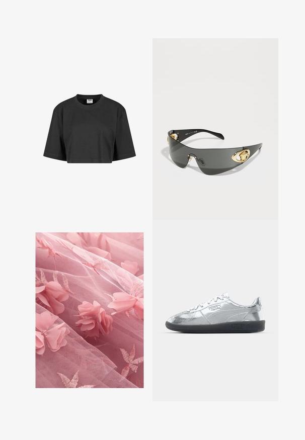 Cropped black t-shirt made of cotton, featuring a relaxed fit, short sleeves, and a ribbed crew neckline. No visible patterns or accents.; Pink tulle fabric featuring floral appliqués and embroidered leaf patterns, with a soft, sheer texture and layered appearance.; Silver sneakers with a smooth, reflective upper, featuring black rubber soles and classic lace-up design. Puma logo on the side.; Dark gray sunglasses with a sleek, curved design. Features gold-tone lion accents on the sides and a glossy black frame.