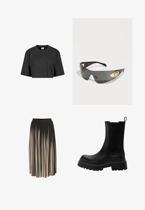 Zkrácené černé tričko vyrobené z bavlny, s volným střihem, krátkými rukávy a žebrovaným kulatým výstřihem. Žádné viditelné vzory ani akcenty.; Plisovaná midi sukně v černé a béžové barvě s vysokým elastickým pasem, která má vertikální pruhy a volný design pro pohodlný pohyb.; Černé kožené Chelsea boty s elastickými bočními panely, silnou gumovou podrážkou a zaoblenou špičkou. Texturovaný a hladký povrch.; Tmavě šedé sluneční brýle s elegantním, zakřiveným designem. Mají zlatě tónované akcenty lva po stranách a lesklý černý rám.