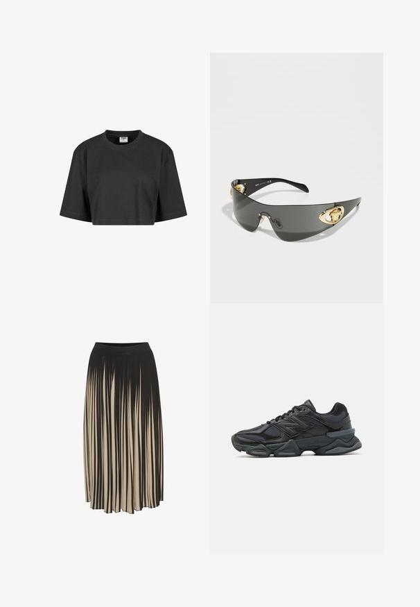 Izgriezta melna T-kreklu, kas izgatavota no kokvilnas, ar brīvu piegriezumu, īsām piedurknēm un ribots kakla izgriezums. Nav redzamu rakstu vai akcentu.; Melna un bēša krāsā plektēta midi svārku ar augstu elastīgu jostu, kurai raksturīgas vertikālas svītras un plūstoša dizaina iespējas kustībai.; Melna skriešanas apavi ar jauktu acu audumu un sintētiskiem materiāliem, masīvu zoli, izliekta dizaina elementiem un izteiktu zīmola logotipu uz sāniem.; Tumši pelēki saules brilles ar elegantu, izliekta dizaina formu. Tām ir zelta toņa lauvas akcenti sānos un spīdīgs melns rāmītis.