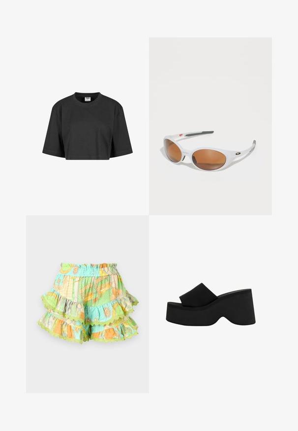 Kratka crna majica od pamuka, s opuštenim krojem, kratkim rukavima i rebrastim izrezom na vratu. Nema vidljivih uzoraka niti detalja.; Višebojni slojeviti šortsa s elastičnim pojasom, s uzorcima u zelenoj, narančastoj i plavoj boji, ukrašenim lučnim rubovima.; Crna platforma s jednostavnim klizanjem, debelim, zaobljenim potplatom i širokom trakom. Glatka tekstura, minimalistički dizajn i oblik prilagođen konturama za stabilnost.; Bijele sunčane naočale s smešnim lećama, ovalnog oblika, izrađene od glatke plastike, sivi detalji na ručkama i logotip na okviru.