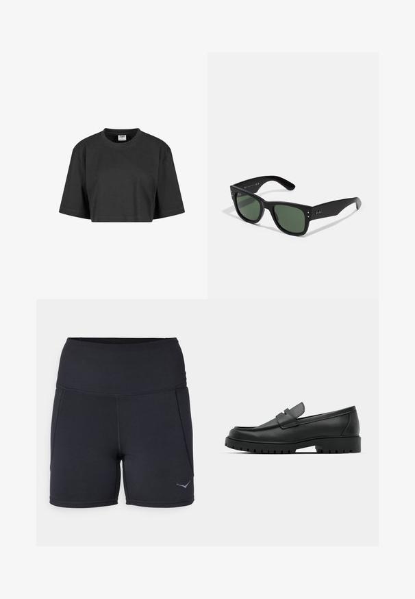 Skrajšana črna majica s kratkimi rokavi iz bombaža, ki ima sproščen kroj in rebrast ovratnik. Brez vidnih vzorcev ali okrasnih elementov.; Črne atletske kratke hlače z visokim pasom, narejene iz raztegljive tkanine. Imajo ravne šive in majhen logotip na levi nogi.; Črne usnjene loafers čevlje z zaobljenim nosom, ki imajo šivano zasnovo, nizko platformo in teksturiran, profiliran gumijast podplat.; Črne pravokotne sončna očala z zelenimi lečami, mat površino, subtilnimi kovinskimi detajli in embosiranim logotipom na drsniku.