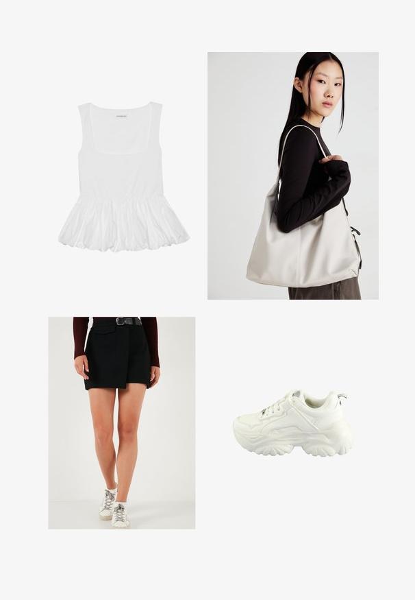 Biela bezrukávová blúzka so štvorcovým výstrihom, s nariaseným volánovým lemom. Vyrobená z mäkkej tkaniny s hladkou textúrou.; Čierne šortky s bočným panelom, predným vreckom a opaskom. Model má na sebe biele tenisky so šedými akcentmi. Hladká textúra.; Biely teniska s robustným dizajnom, hladkým syntetickým zvrškom, polstrovaným golierom a textúrovanou gumovou podrážkou s diamantovým vzorom.; Béžová kabelka vyrobená z mäkkého materiálu, s uvoľneným dizajnom, prišitými detailmi a dvoma popruhmi na nosenie na pleciach. Vhodná na každodenné nosenie.; Biely vlasový klip v tvare kvetu s jemným žltým prechodom, so zaskakovacím mechanizmom a hladkým plastovým povrchom.
