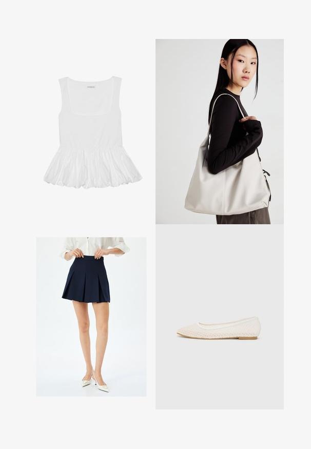 Top bianco senza maniche con scollatura quadrata, caratterizzato da un orlo a volant arricciato. Realizzato in tessuto morbido con una superficie liscia.; Gonna plissettata blu marina con vita alta e texture liscia, presenta pieghe nette e design minimalista. Indossata con tacchi bianchi.; Scarpa piatta bianca con design in rete, punta affilata e suola bassa e piatta. Parte superiore testurizzata con fodera liscia e delicate rifiniture a contrasto.; Borsa a mano beige realizzata in materiale morbido, caratterizzata da un design morbido, dettagli cuciti e due manici. Adatta per l'uso quotidiano.
