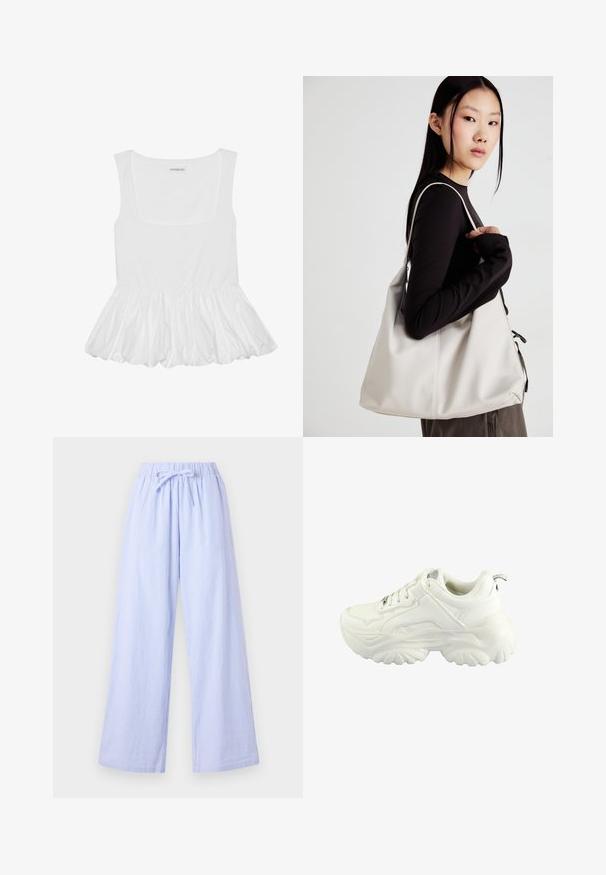 Top bianco senza maniche con scollatura quadrata, caratterizzato da un orlo a volant arricciato. Realizzato in tessuto morbido con una superficie liscia.; Pantaloni a gamba larga a righe azzurro chiaro con vita elastica e cintura regolabile. Presentano un tessuto morbido con righe verticali per un effetto di texture.; Sneaker bianca con un design chunky, tomaia in materiale sintetico liscio, collo imbottito e suola in gomma testurizzata con un motivo a diamante.; Borsa a mano beige realizzata in materiale morbido, caratterizzata da un design morbido, dettagli cuciti e due manici. Adatta per l'uso quotidiano.; Pinza per capelli bianca a forma di fiore con una leggera sfumatura gialla, dotata di un meccanismo a molla e di una superficie in plastica liscia.