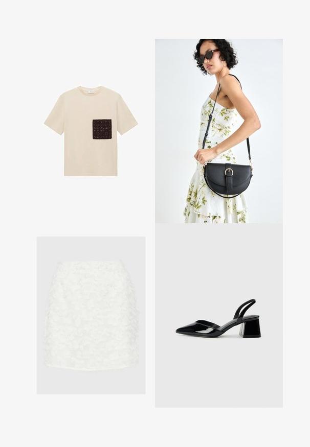 Bež majica iz bombaža s temno rjavim kvačkanim žepom s teksturiranim vzorcem na levi strani prsnega koša. Kratke rokave.; Bela mini krilo z teksturirano, razfricano površino, ki se prilega telesu in ima čist rob, zasnovano za tesno prileganje.; Črne lakirane slingback pete s koničastim nosom in geometrijsko blokasto peto. Imajo eleganten, minimalističen dizajn in gladko teksturo.; Črna usnjena torbica s ukrivljeno obliko, z odstranljivo naramnico in zlatimi dodatki. Torbica ima pokrov s podrobnostmi v obliki zaponke.
