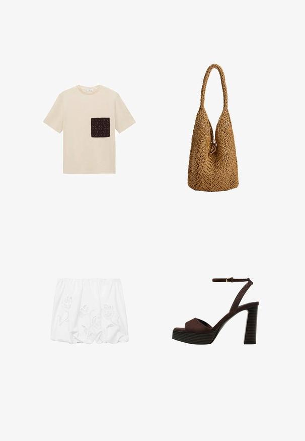 Bež majica iz bombaža s temno rjavim kvačkanim žepom s teksturiranim vzorcem na levi strani prsnega koša. Kratke rokave.; Bela off-shoulder bluza iz lahkega materiala, ki ima cvetlični vezenin in gubano zasnovo okoli elastičnega ovratnika.; Rjave semiš sandale z visoko peto, odprto spredaj, z nastavljivim gležnjenjem in črtastim podplatom.; Tkanina rjava torba za prenašanje z edinstveno zasnovo odprte pletenine, ki ima podolgovato, zaokroženo ročico in mehko teksturo.