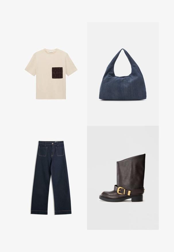 Tricou din bumbac bej cu un buzunar din croșetat de culoare maro închis, cu un model texturat în zona stângă a pieptului. Mâneci scurte.; Jeans largi de culoare albastru închis, din denim, cu cusături de un bej contrastant, două buzunare la spate și încheiere cu nasture la talie.; Cizme din piele maro închis, până la gamă, cu talpă neagră, toc mic și curea decorativă aurie în jurul gleznei, prezentate din lateral.; Geantă din denim albastru închis, cu o formă moale și lejeră, având un mâner în stil hobo și o suprafață texturată. Fără accente de metal vizibile.