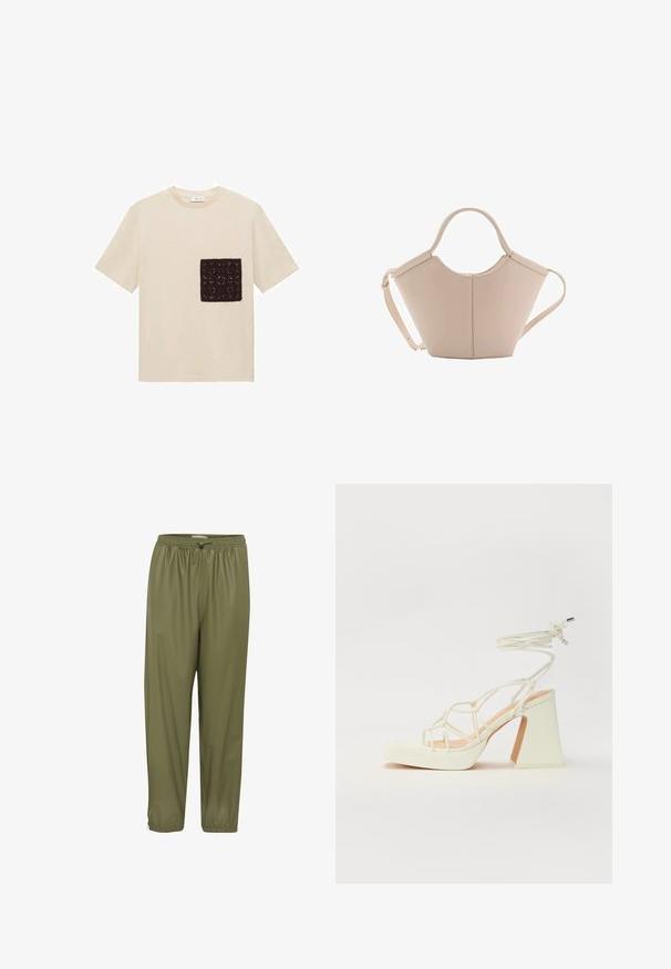 Beige cotton t-shirt featuring a dark brown crocheted patch pocket with a textured pattern on the left chest area. Short sleeves.; Olive green, lightweight pants with an elastic waistband, drawstring, and tapered ankles. Smooth texture with a shiny finish.; White high-heeled sandal with a chunky heel, featuring a strappy design and ankle tie. Smooth texture with a platform front for added height.; Beige leather handbag with a unique shape, featuring two short handles and a long adjustable strap. Smooth texture with minimal hardware.