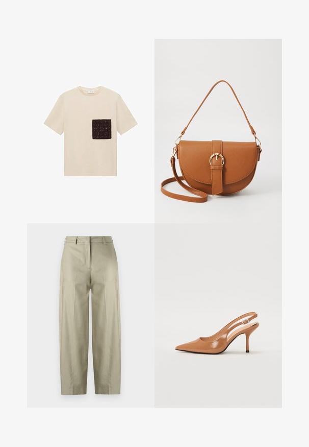 Bež majica iz bombaža s temno rjavim kvačkanim žepom s teksturiranim vzorcem na levi strani prsnega koša. Kratke rokave.; Bež hlače širokega kroja, izdelane iz gladkega blaga. Imajo plisirane detajle, zadrgo in zanke za pas. Ravno krojene od pasu do roba.; Slinčaste pete z ostro konico v gladkem, sijočem bež materialu. Imajo ukrivljen rez in vitko stiletto peto. Podrobnost s srebrno zaponko.; Rjava usnjena torbica prek telesa s ukrivljeno obliko, zlate opreme in sponko. Ima odstranljiv naramni trak.