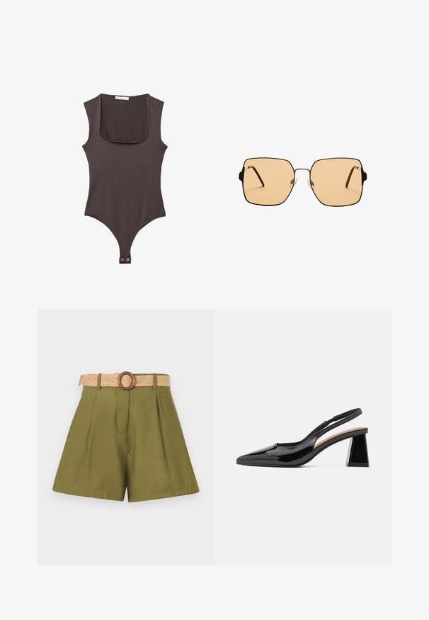 Bodysuit sans manches marron avec un col carré, fabriqué en tissu doux. Comprend une fermeture à pression en bas et une silhouette ajustée.; Shorts vert olive avec des plis, dotés d'une ceinture en paille tissée et d'une boucle en bois. Texture lisse, design ajusté avec des lignes épurées.; Escarpins à talon slingback en vernis noir avec un bout pointu, présentant un talon en bloc géométrique unique et une texture lisse. Bride réglable pour un bon maintien.; Lunettes de soleil carrées avec des verres marron et une fine monture en métal noir. Présente des branches angulaires et des plaquettes de nez ajustables pour un confort optimal.; Sac à épaule tissé noir avec une bandoulière en cuir lisse et une fermeture éclair. Présente une surface texturée et une forme courbée.