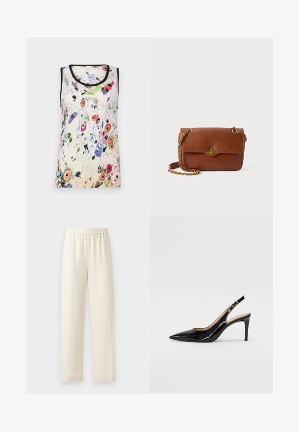 Top sem mangas em creme com padrão floral, apresentando cores vibrantes, acabamento preto e uma textura suave. O design inclui uma variedade de flores e motivos abstratos.; Calças de perna reta de cor creme, com cintura elástica, textura suave e sem padrões ou peças metálicas visíveis.; Sandal com salto em verniz preto, bico fino, salto esguio e um design de recorte subtil. Apresenta uma fivela dourada na alça.; Bolsa de ombro em couro castanho com fecho em aba, acessórios em dourado e alça de corrente. Textura suave, forma retangular, detalhes mínimos.