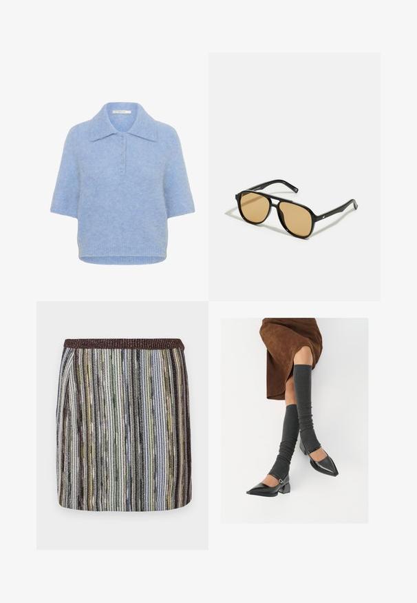 Hele sinine lühikeste varrukatega kootud top, millel on krae ja viie nupuga vooder. Pehme tekstuur ja kerge kastiline sobivus, soonikkoes ääris.; Lühike, keha toetav seelik, millel on mitmevärvilised vertikaalsed triibud rohelise, musta ja pruunika varjundiga, ning tekstureeritud elastne vöökoht.; Mustad patsaline odav värviga kingad, millel on kreen ja pahkluuring, on paaritatud hallide ribakudumitega sääremiidega ja pruunist nahast seelikuga.; Mustad pruunide läätsedega mustad prillid; ristkülikukujuline kuju paksu raamiga, sealhulgas peened metallist aksessuaarid templites.; Pruunist nahast käsipagas kahe tugeva käepidemega, kandiline kuju, sile tekstuur ja tõmblukuga sulgemine. Minimalistlik disain, ilma nähtavate mustriteta.