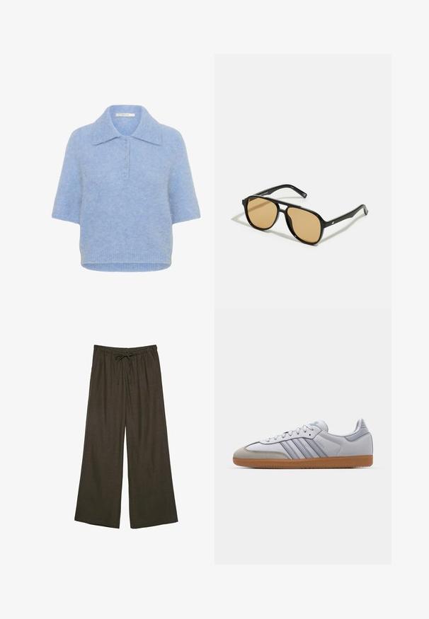 Ljusblå, kortärmad stickad topp med krage och femknappsupply. Mjuk textur med en något boxig passform och ribbad fåll.; Mörkbruna vida byxor med elastisk midja och justerbar dragsko. Gjorda av ett mjukt, lätt tyg.; Vita lädersneakers med ljusblå accenter, grå mocka tå och en brun gummisula. Har tre blå ränder och "Samba"-logotyp.; Svarta solglasögon med bruna tonade linser; rektangulär form med en tjock ram, inklusive subtila detaljer av metall vid glasögonbågarna.; Brun läderhandväska med två stadiga handtag, rektangulär form, slät yta och dragkedjestängning. Minimalistisk design utan synliga mönster.