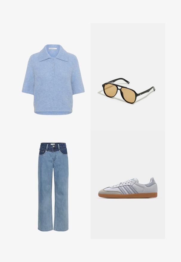 Lyseblå, kortermet strikket topp med krage og fem-knapps placket. Mykt stoff med en litt boksaktig passform og ribbet kant.; Lyseblå denim brede jeans med høy midje, femlommedesign og kontrasterende mørkeblå lapp foran.; Hvite lærsko med lyseblå detaljer, grå semsket tå og brun gummisåle. Har tre blå striper og "Samba" merke.; Svarte solbriller med brune fargede linser; rektangulær form med tykk ramme, inkludert subtile hardware-detaljer på stengene.