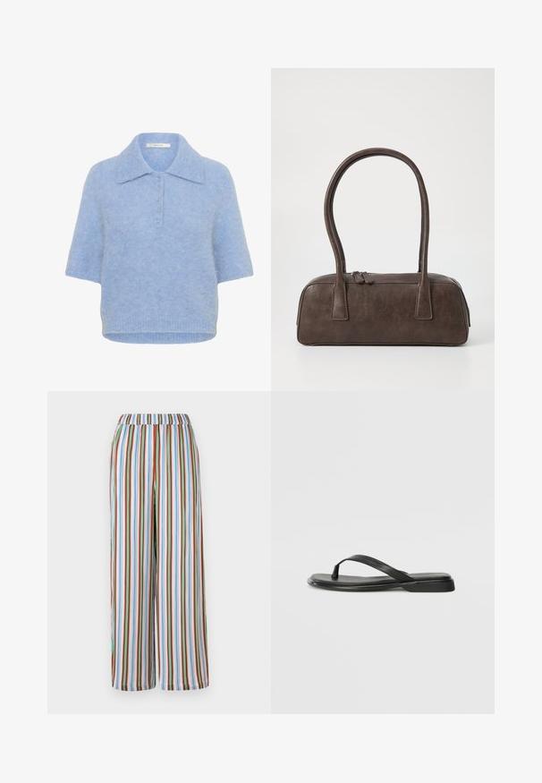 Lichtblauwe, kortebloemige gebreide top met een kraag en een vijfknopenlijst. Zachte textuur met een iets boxy pasvorm en geribbelde zoom.; Gestreepte wijde broek met een elastische tailleband. Kenmerkt zich door kleurrijke verticale strepen in blauw, rood, groen en wit op een lichtgewicht stof.; Zwarte teenflip-flop van glad leer, met een dunne band en een platte zool met een minimalistisch profiel. Geen opvallende patronen of accenten.; Bruine leren handtas met twee stevige handvatten, rechthoekige vorm, gladde textuur en ritssluiting. Minimalistisch ontwerp zonder zichtbare patronen.