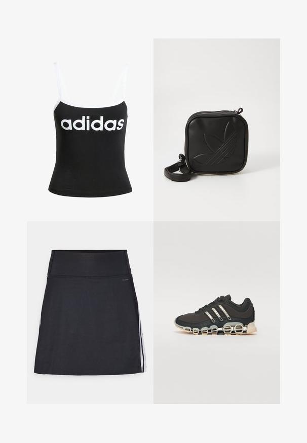 Top negro de tirantes finos, hecho de algodón, con un diseño ajustado y un destacado logo blanco de "adidas" en la parte frontal.; Skort atlético negro con cintura ancha, hecho de tela elástica. Presenta rayas laterales blancas y un acabado liso y sin costuras.; Zapatilla deportiva negra con parte superior texturizada, tres rayas plateadas y una suela de amortiguación distintiva que presenta múltiples secciones integradas.; Bolso cruzado negro hecho de material sintético texturizado. Presenta un diseño de logo en relieve y correa ajustable. Cierre con cremallera.